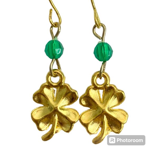 Shamrock Earrings Gold Plated Irish 4 Leaf Clover Luck Celtic St. Patricks Day - Picture 1 of 8